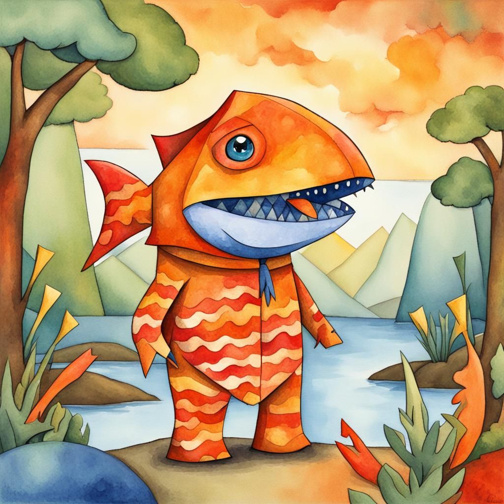 Cubist Watercolor Cartoon of T-Rex in Fish Costume