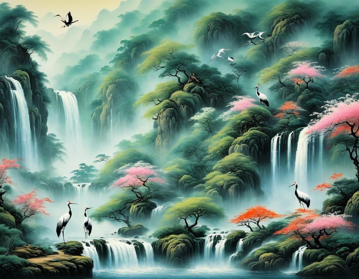 Cranes at Waterfall in Traditional Scroll Painting