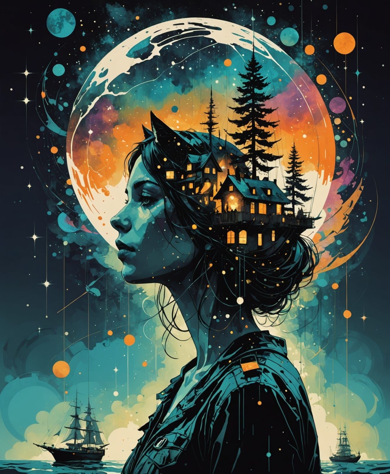 Galaxy Merges with Starry World in Double Exposure