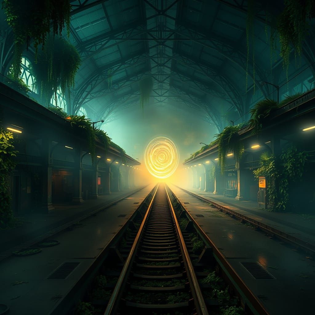 Ancient Railway Nexus in Ethereal Mist