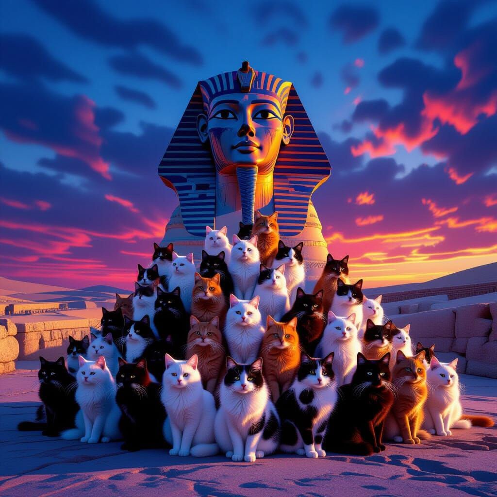 Cats Form Pyramid Before Sphinx in Twilight Dreamscape