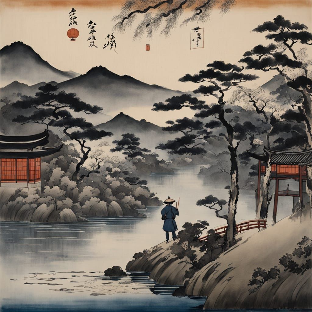 Samurai Composer Plays Violin in Moonlit Japanese Garden