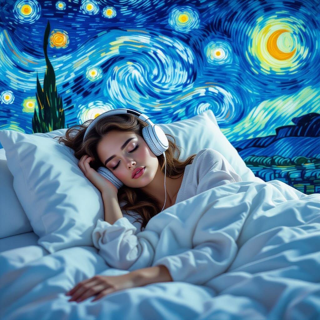 Woman Sleeping with Music Notes, Surreal Dreamscape Art