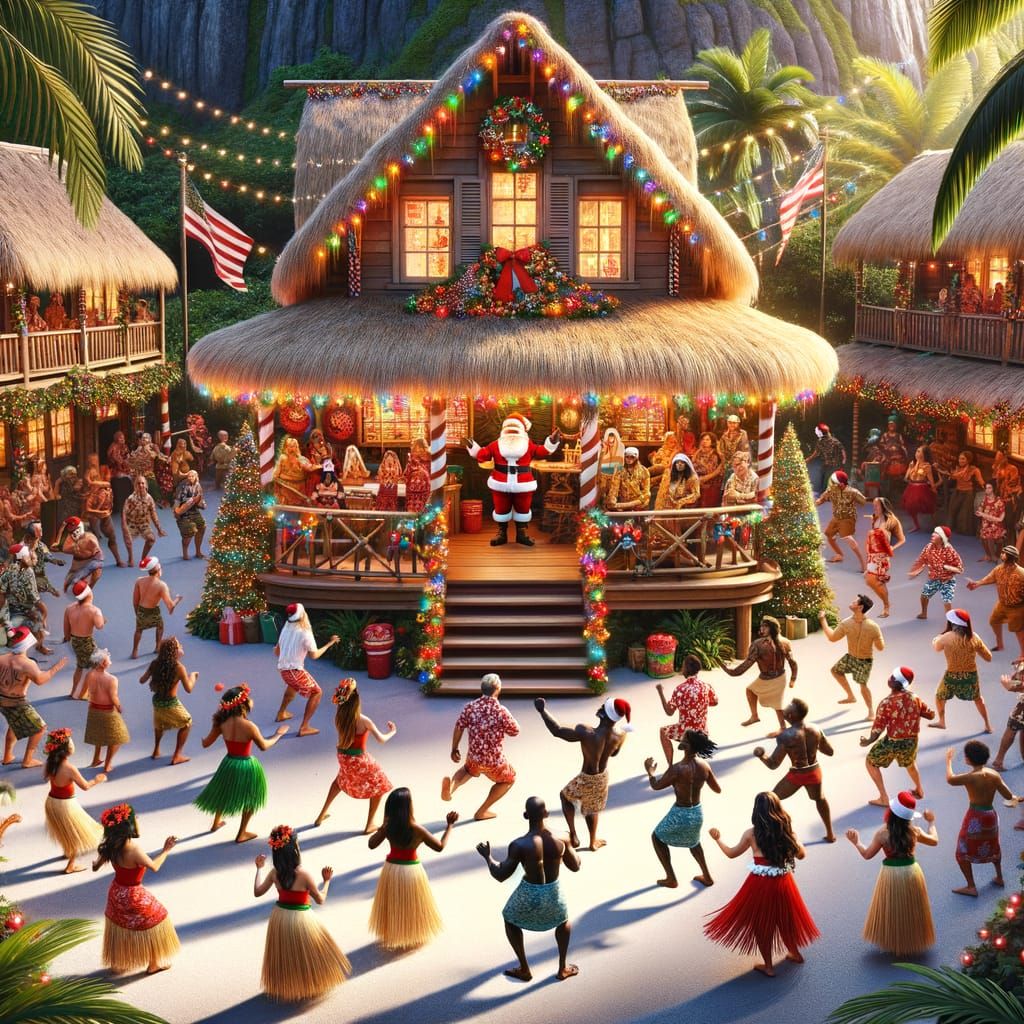Festive Tiki Hut Scene with Joyful Hula Dance