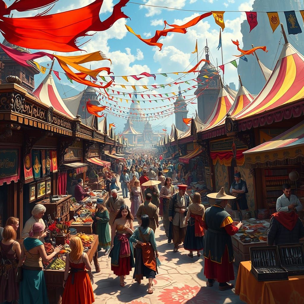Fantastical Market District Scene in Vibrant Colors