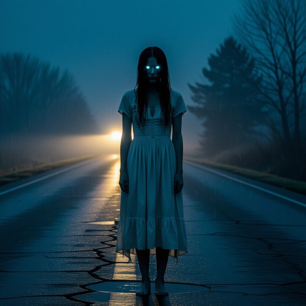 Eerie Ghost on Deserted Highway in Cinematic Horror Style