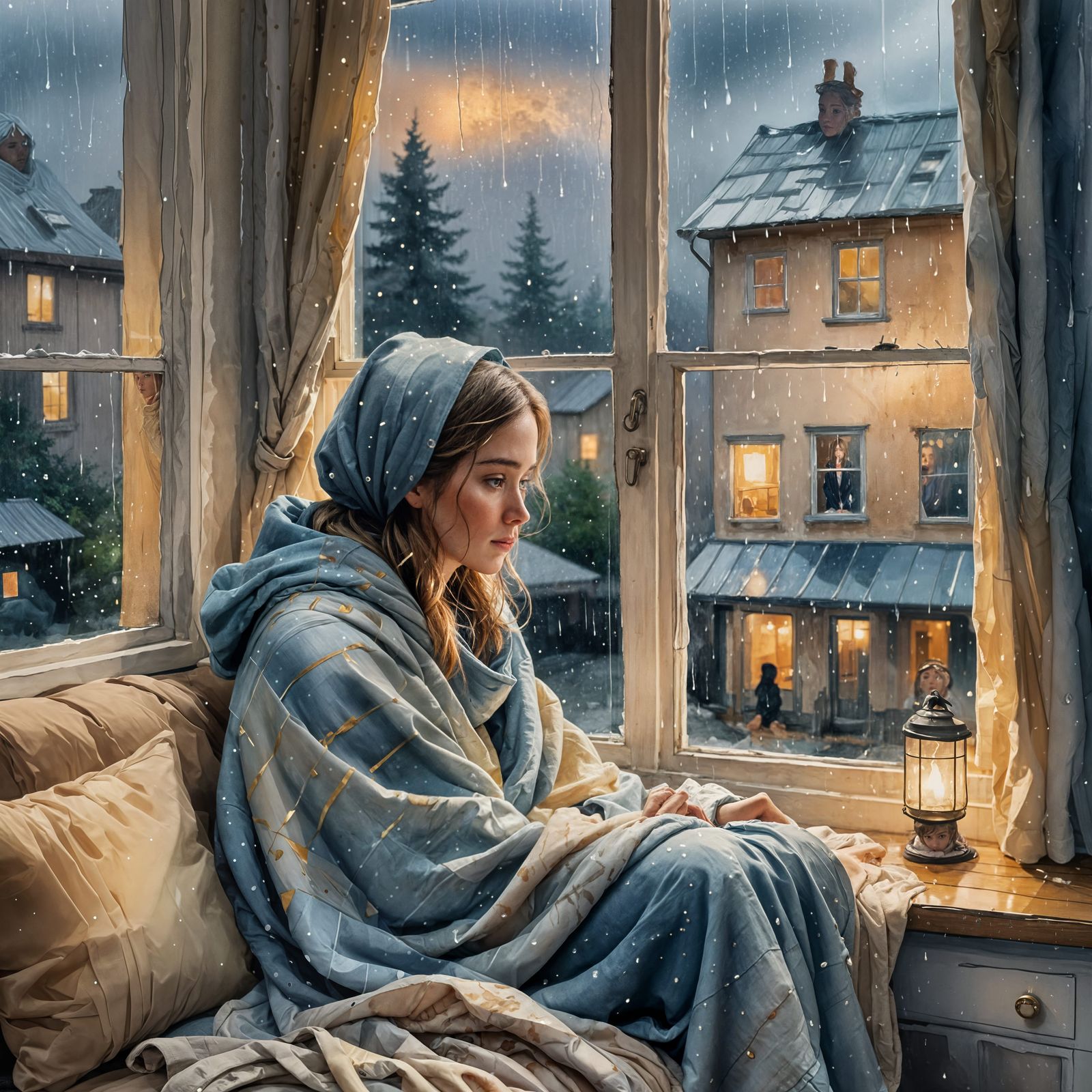 Girl Gazing at Rainy View from Home