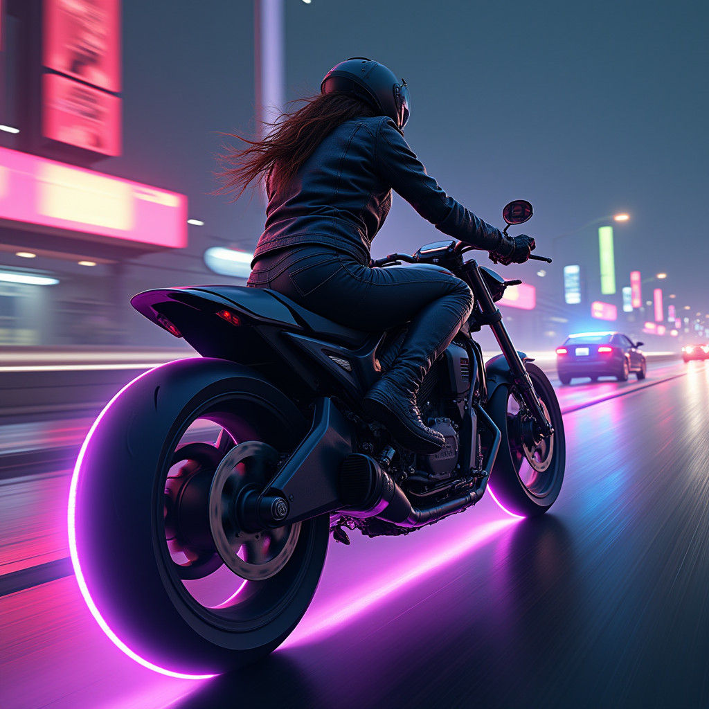 Neon Biker on Futuristic Highway in Matte Painting Style