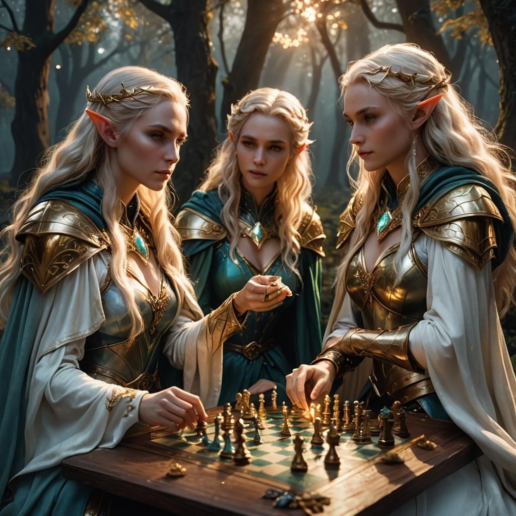 Elven Goddesses Play Chess in Magical Forest