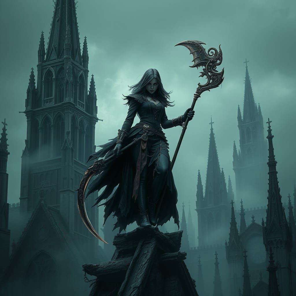 Ethereal Hunter in Dark Victorian Attire Stands Amidst Gothi...