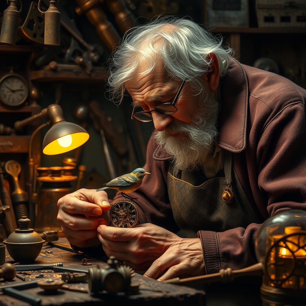 Elderly Artisan Crafts Clockwork Bird in Dutch Golden Age St...