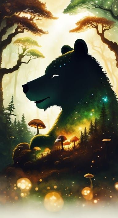 Felted Bear with Woodland Silhouette, Watercolor Illustratio...