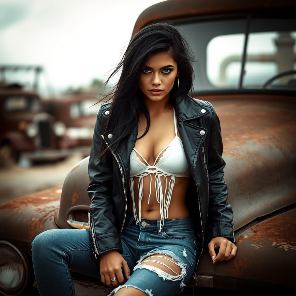 Moody Latina Goddess Reigns Over Abandoned Junkyard