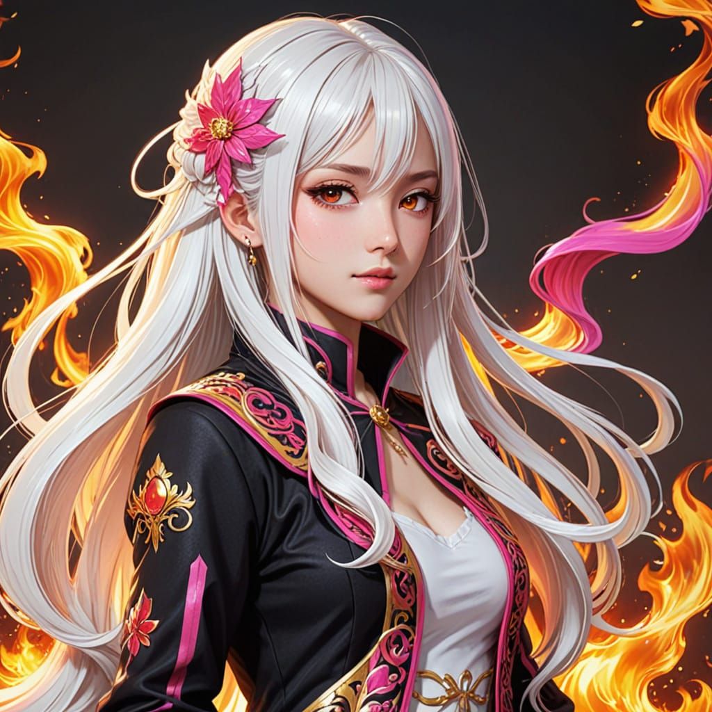 Fantasy Woman with Flame Hair in Anime Style