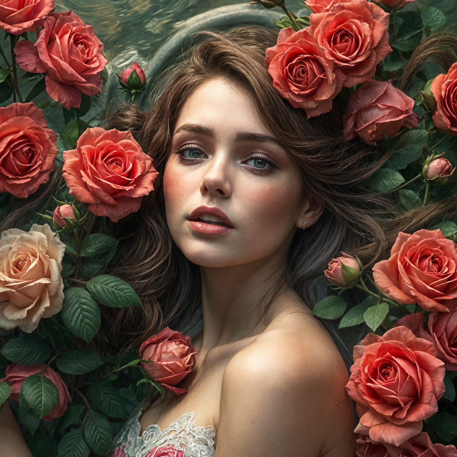 Hyperrealistic Woman Swimming in Roses