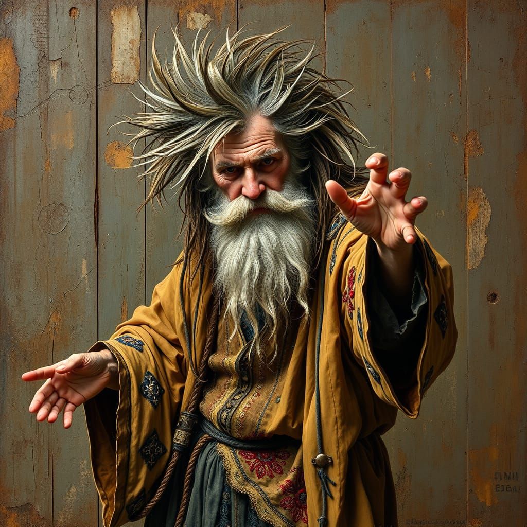 Wizard Channeling Energy in Mixed Media Assemblage