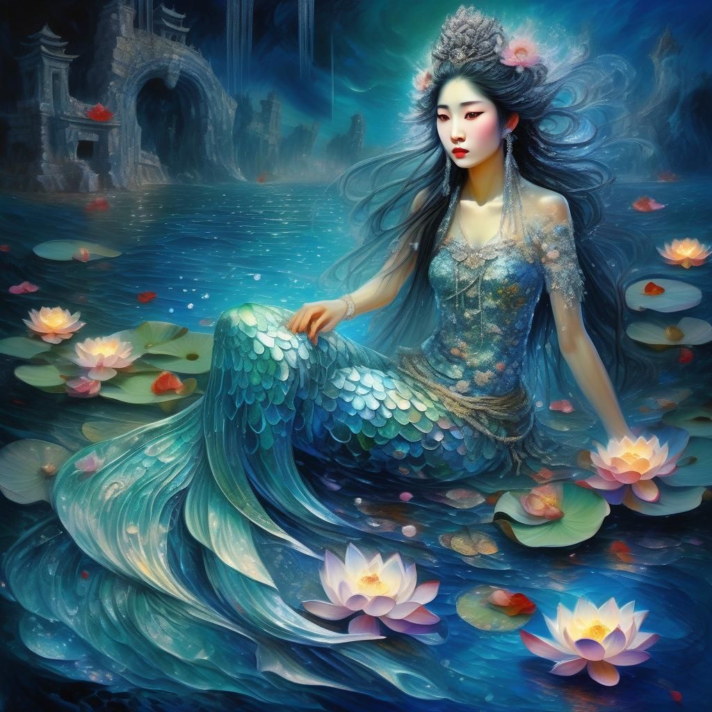 Sad Chinese Mermaid in Lotus Petals