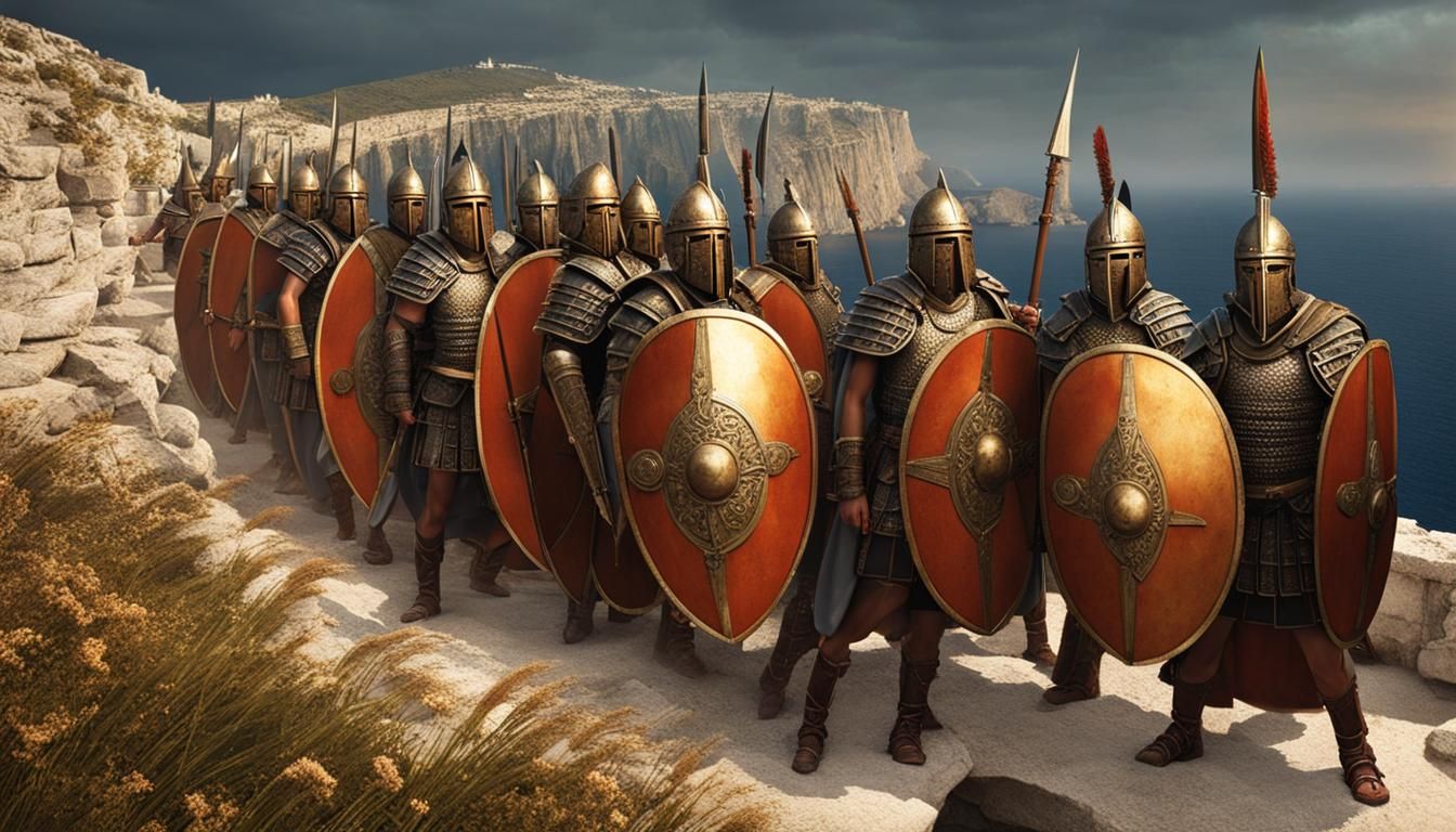 Battleworn Hoplite Phalanx Overlooking Tumultuous Sea