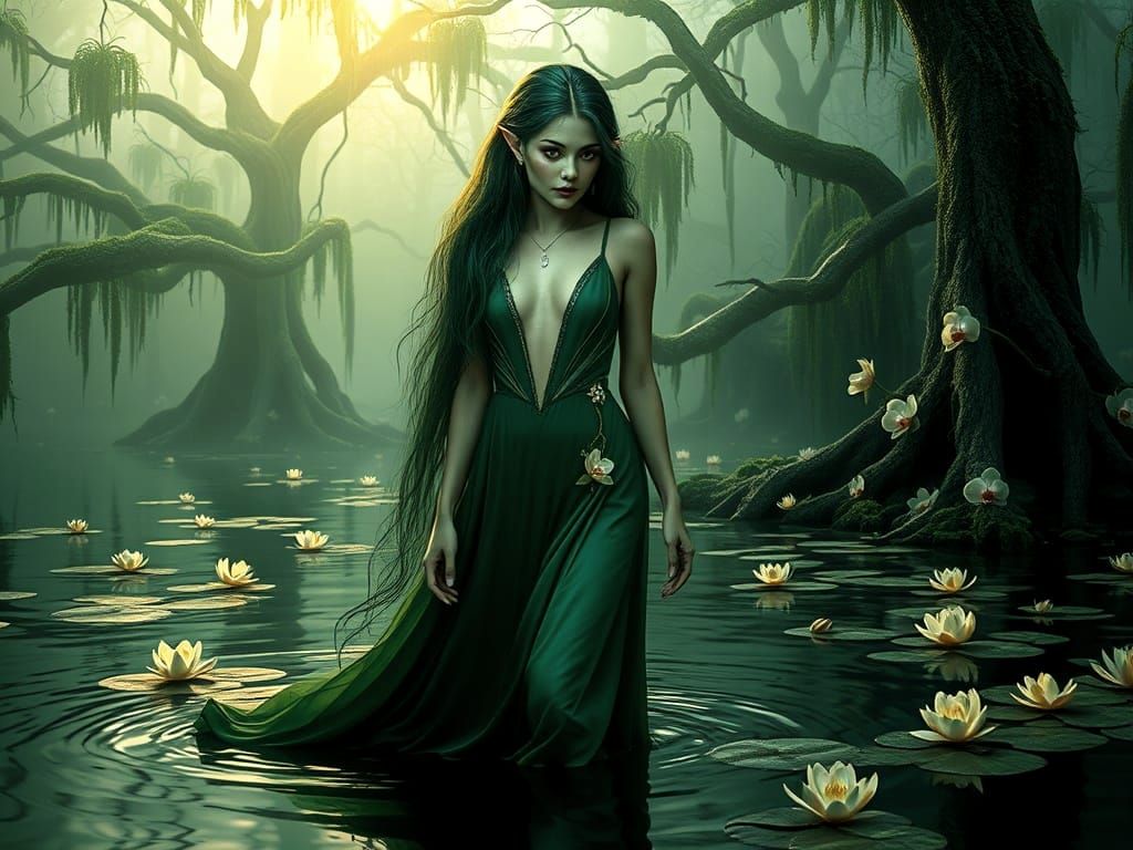 A painterly fantasy illustration depicts a captivating swamp elf with vibrant, emerald-green skin and long, flowing hair...