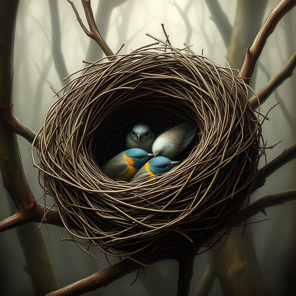 Realistic Bird's Nest in Misty Forest