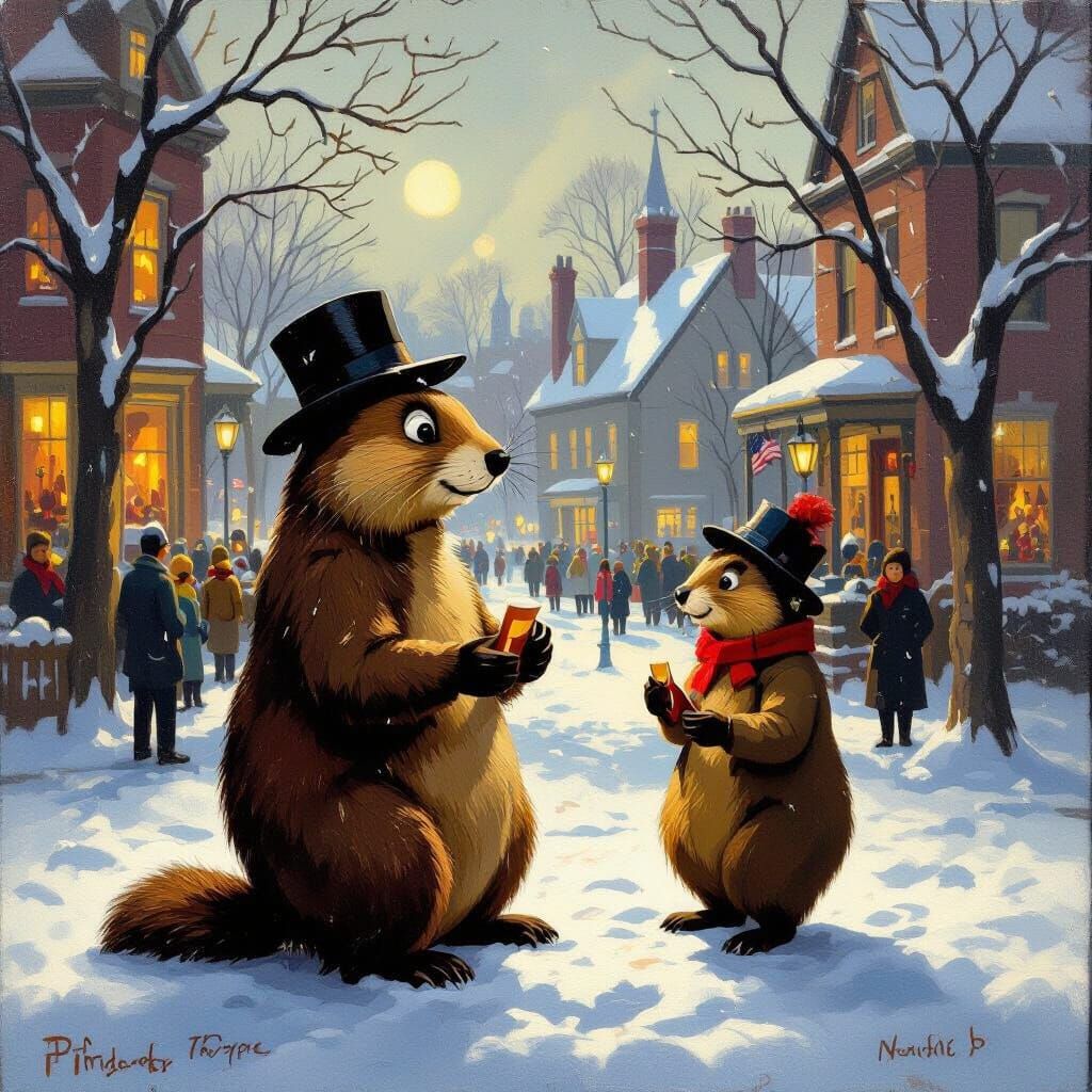 Groundhog Day Celebration in Snowy Village Square