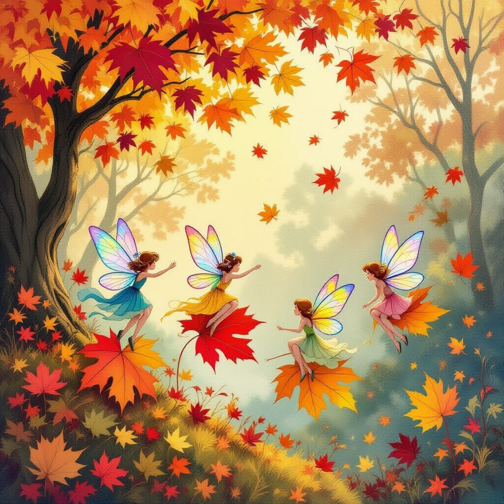 Fairies Ride Autumn Leaves in Magical Fall Scene