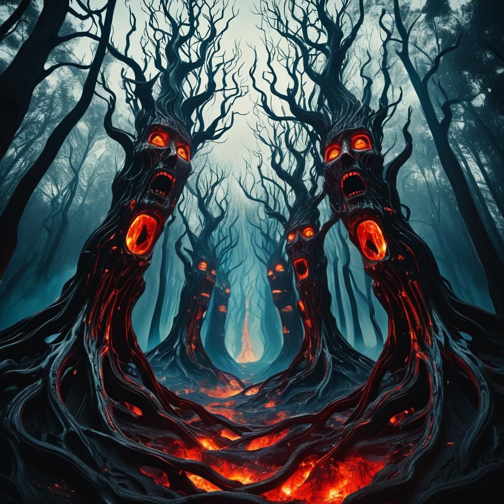 Surreal Trees Consumed by Glowing Crevice