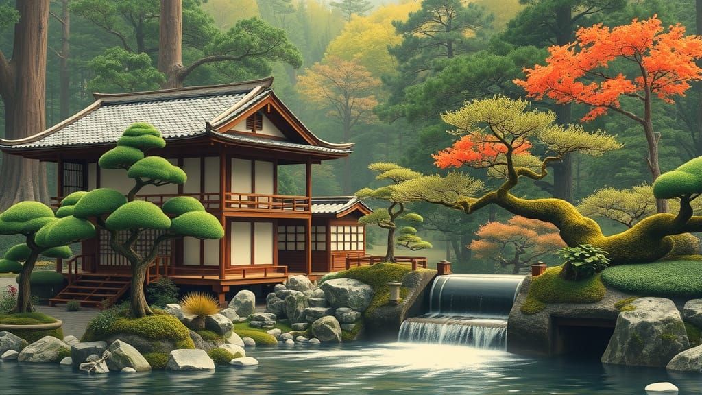 Rustic Waterwheel Beside Traditional Japanese Wood House in ...