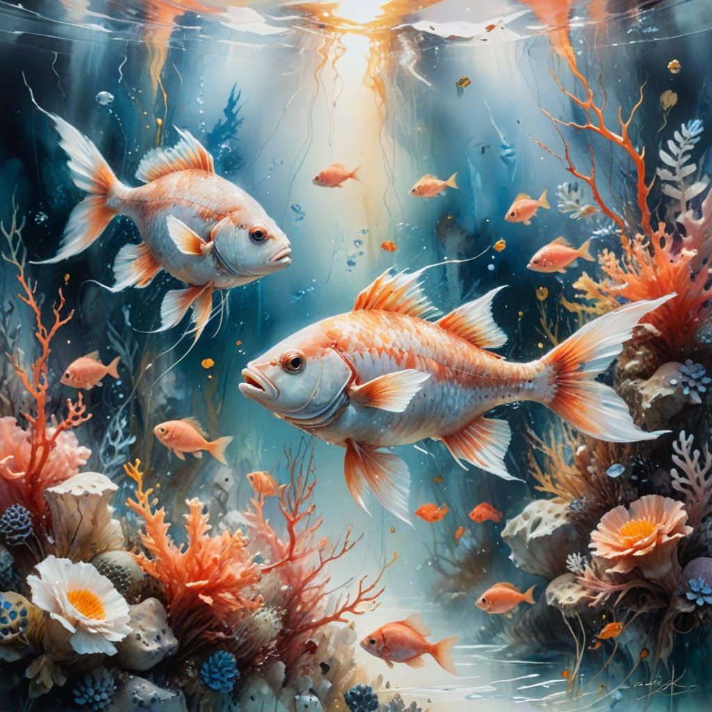 Underwater Scene with Fish in Watercolour Style