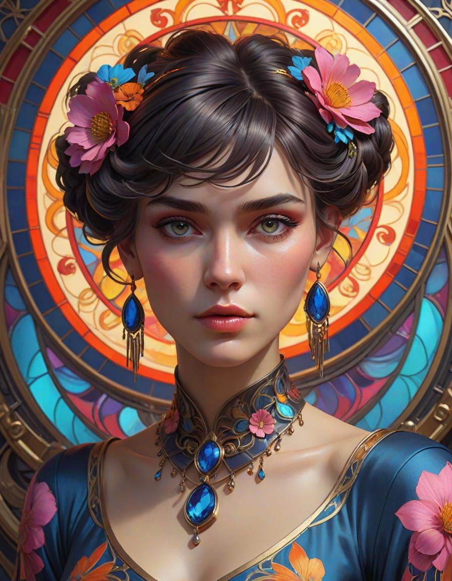 Elegant Art Nouveau Portrait with Vibrant Floral Accents