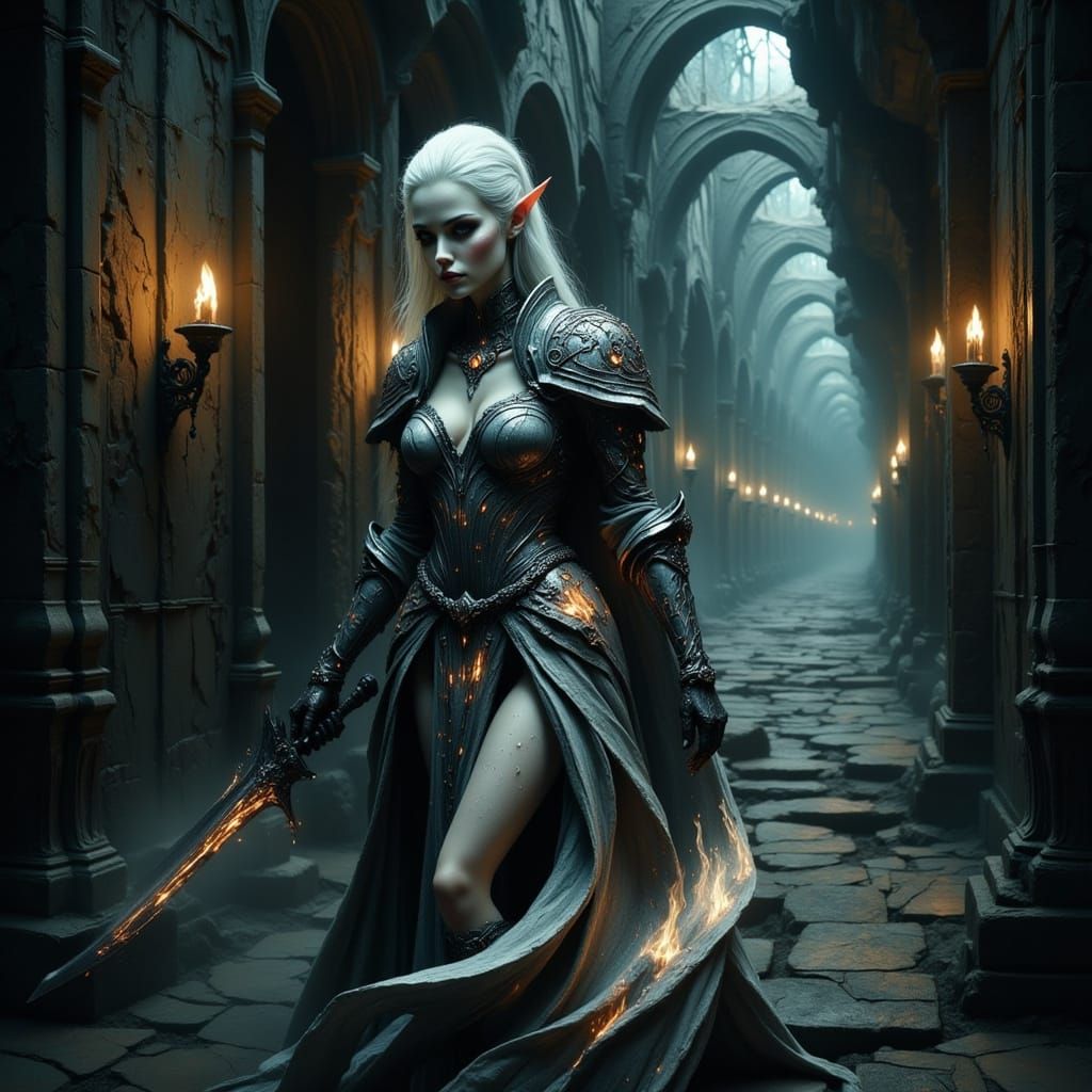 Albino Elf Warrior with Obsidian Knife in Dark Fantasy Art