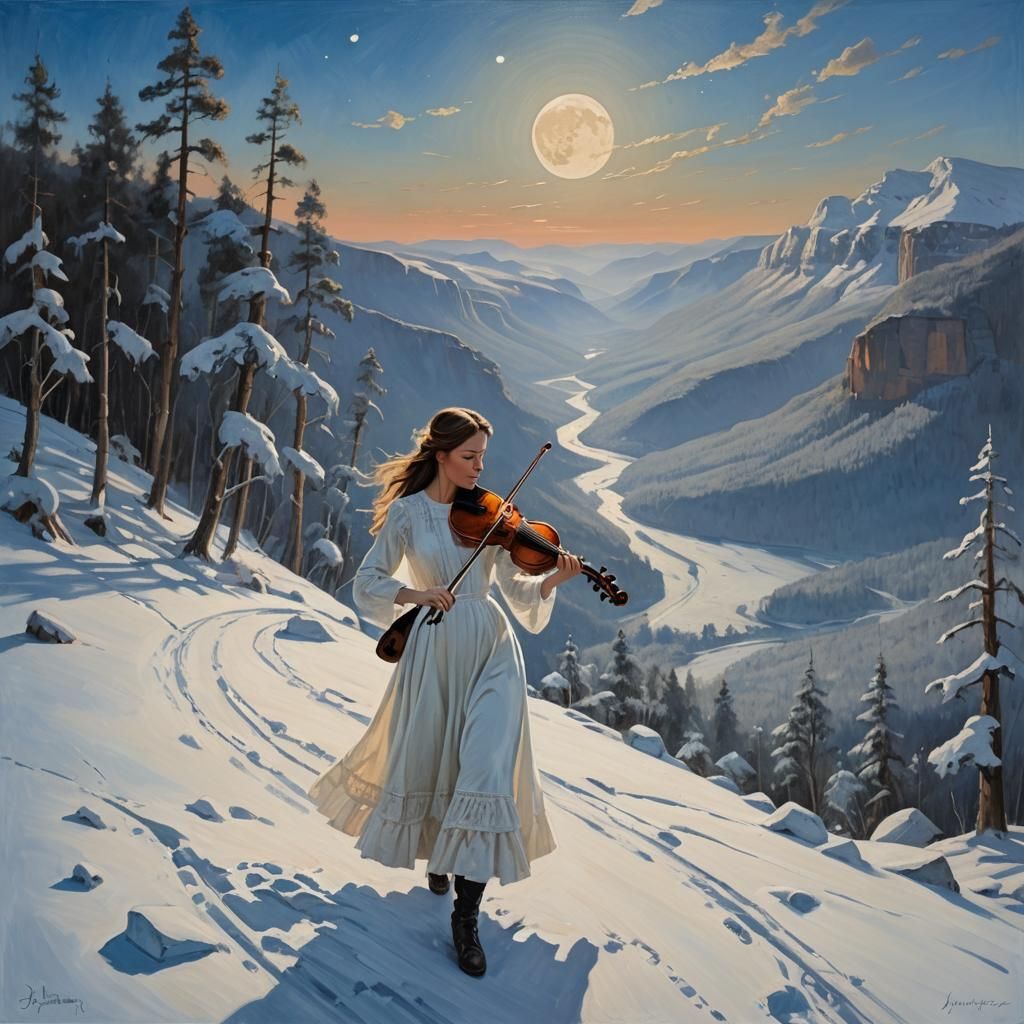 Girl Plays Violin on Snowy Road in Oil Painting