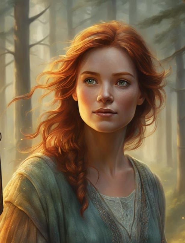 Auburn Pioneer Woman in Whimsical 1840s Fantasy Landscape