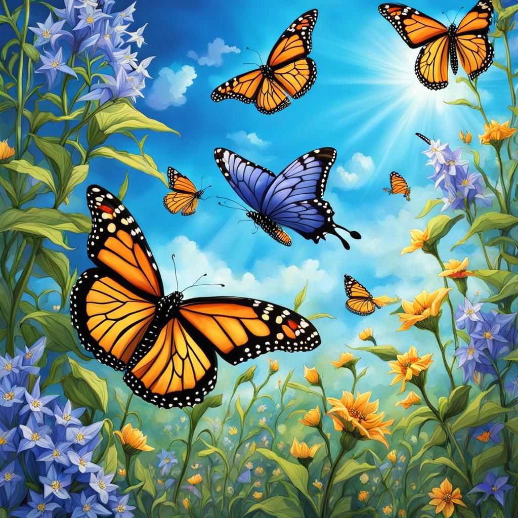 Radiant Anime Garden with Monarch Butterflies