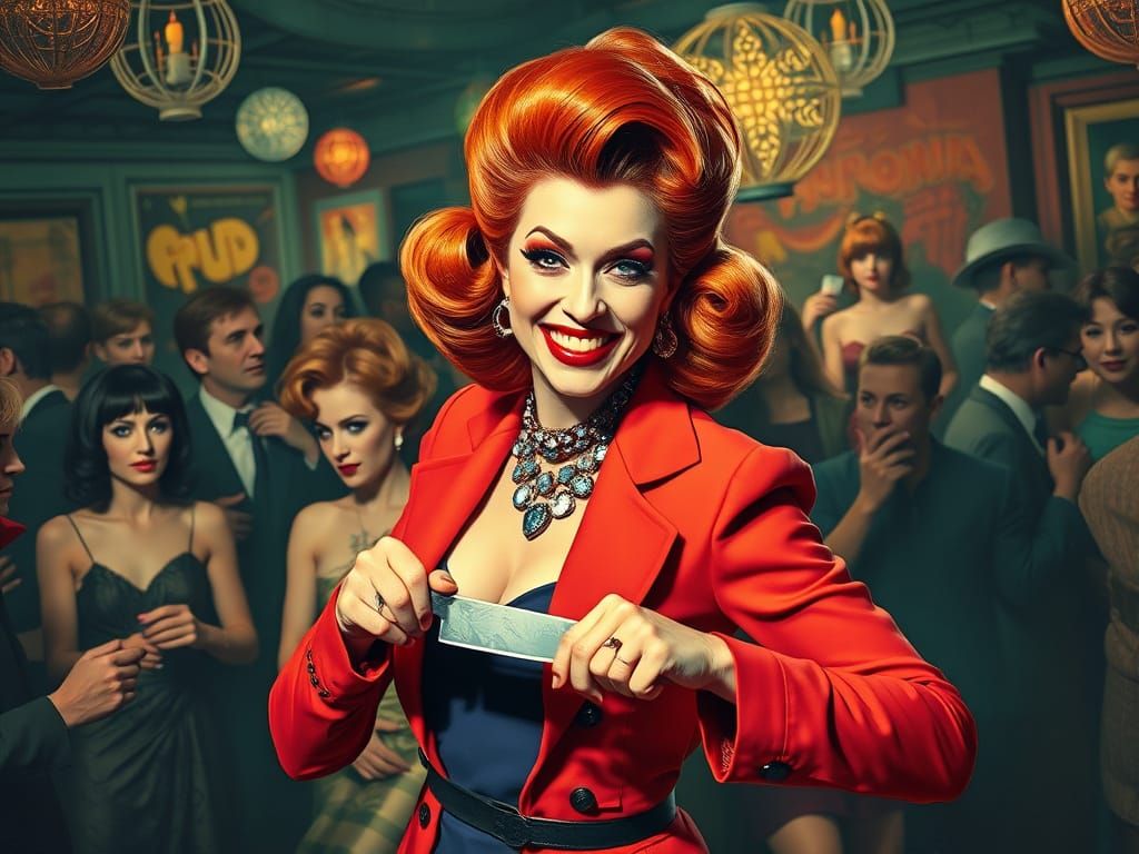 Mischievous Woman Pulls Knife at Party in Avant-Garde Style