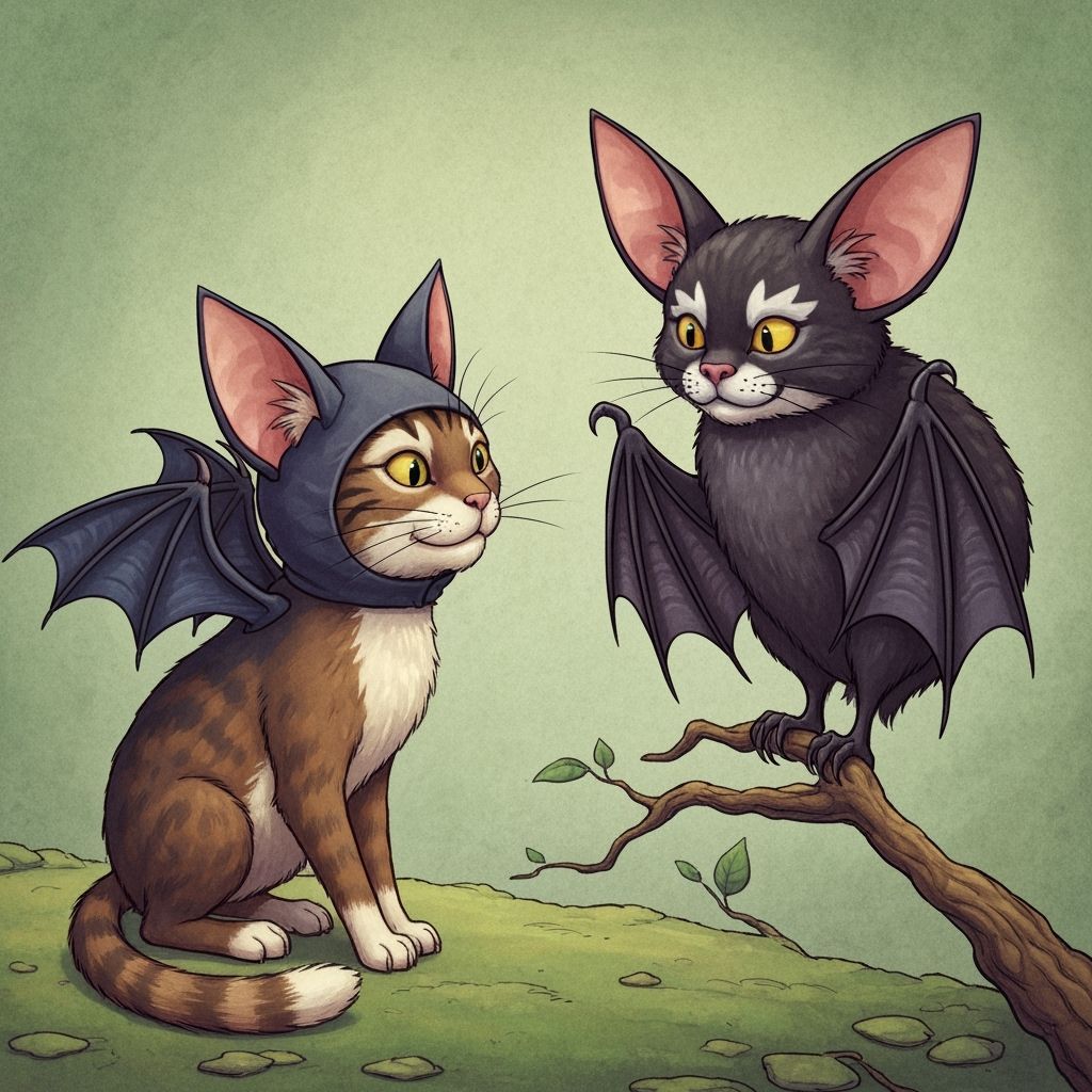 Style of Tenniel, a cat dressed as a bat meets a bat dressed...