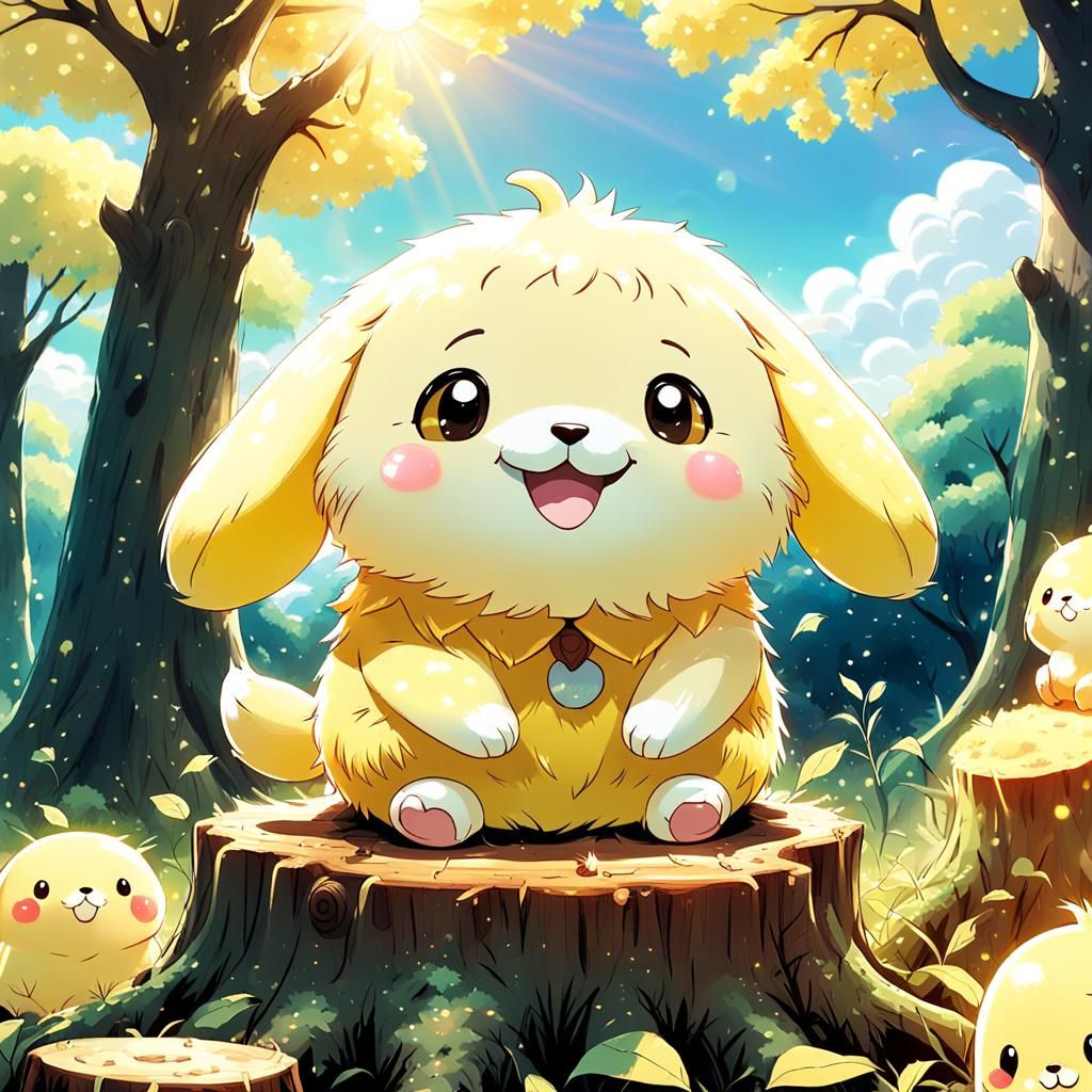 Pompompurin in Moe Anime Style on Tree Stump