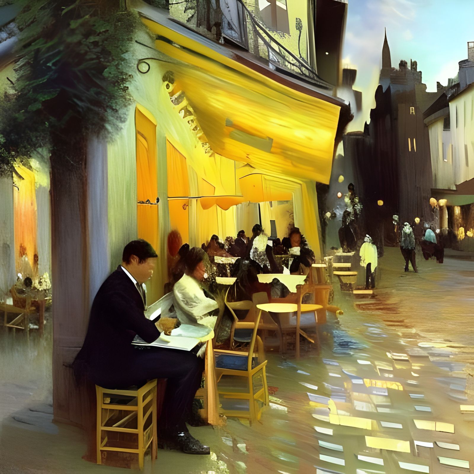 Parisian Cafe Scene in Impressionistic Style