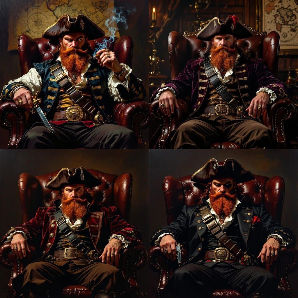 Mobster Pirate with Red Beard in Leather Chair