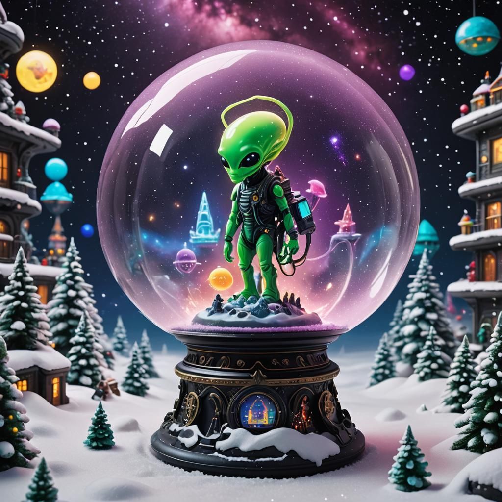 Neon Alien Snow Globe in Space