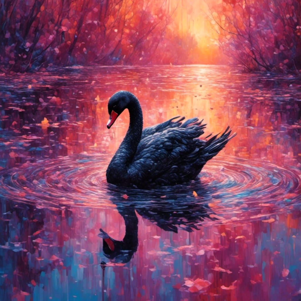 Hyperrealistic Black Swan on a Lake in Splash Art
