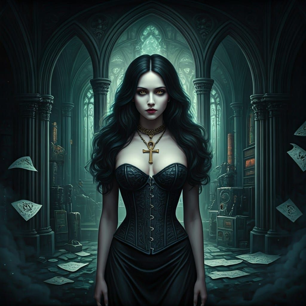 Gothic Demon Queen in Cyberpunk Cityscape