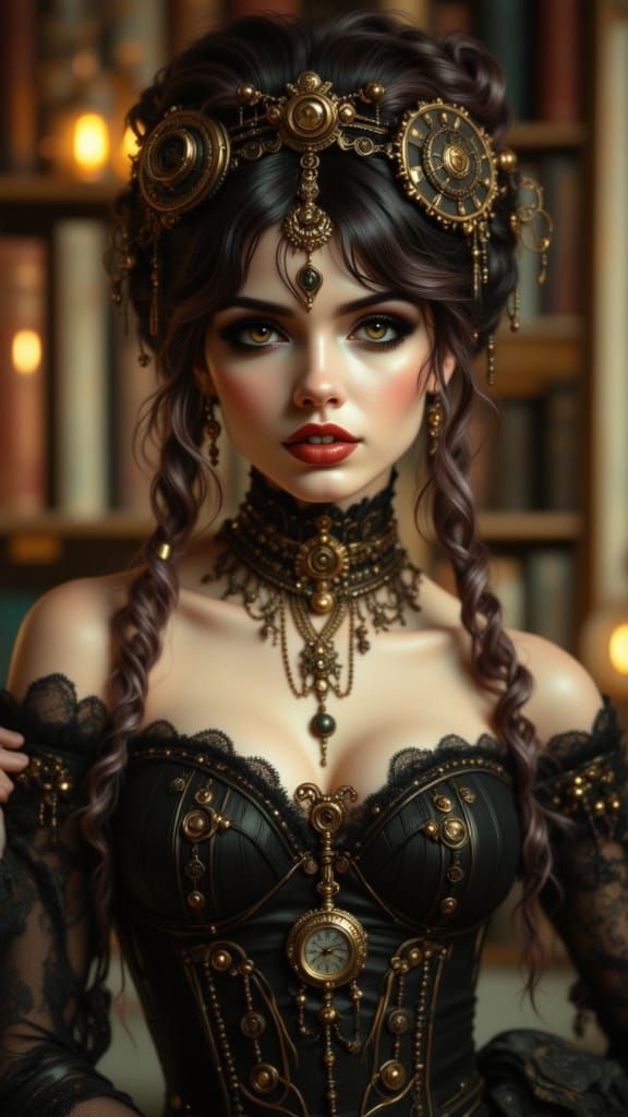 Serene Steampunk Portrait with Victorian Library Backdrop