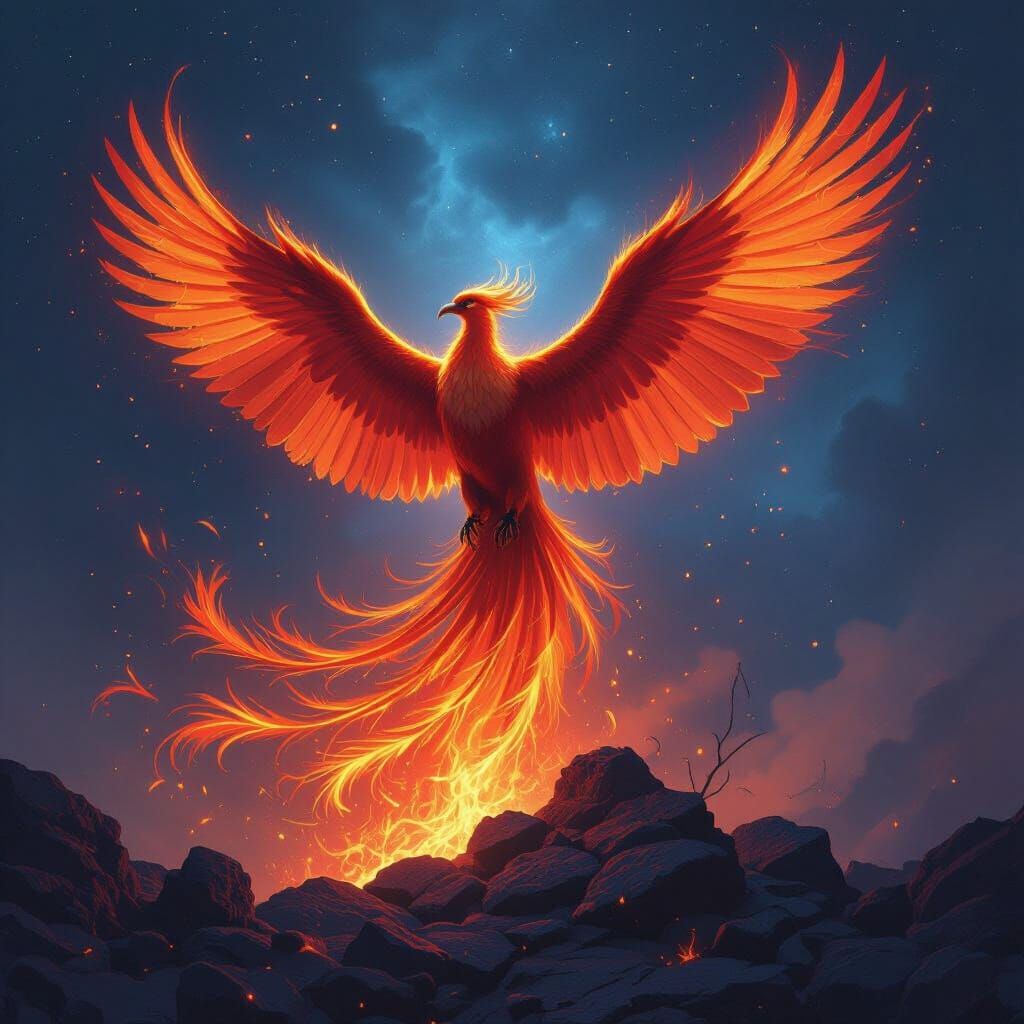 Phoenix Rising: Ethereal Fire in Cosmic Nebula