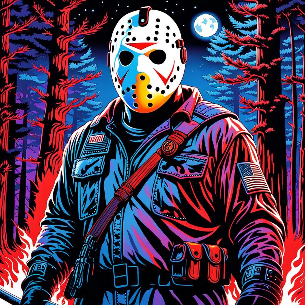 Blacklight Jason Voorhees Watercolor Painting in Forest