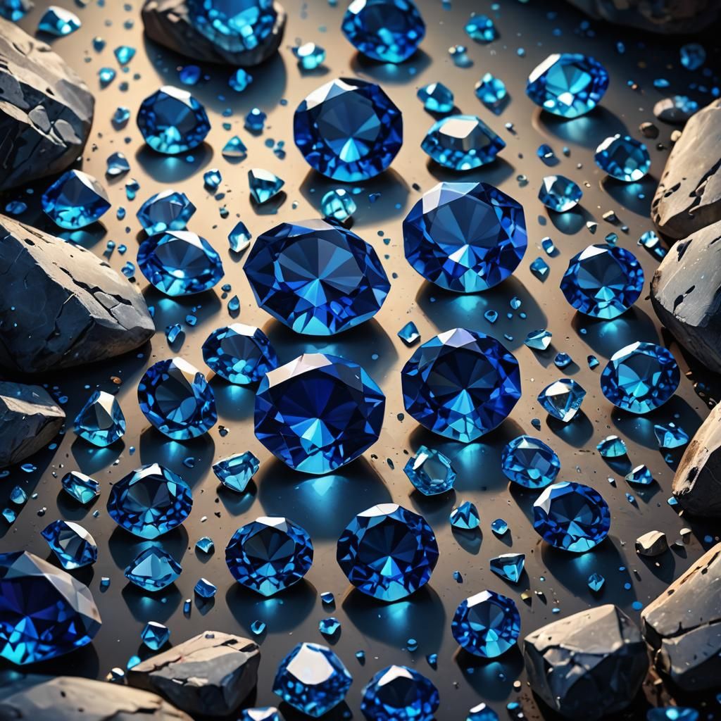 Blue Sapphire Gems in Cave: Realistic Digital Art