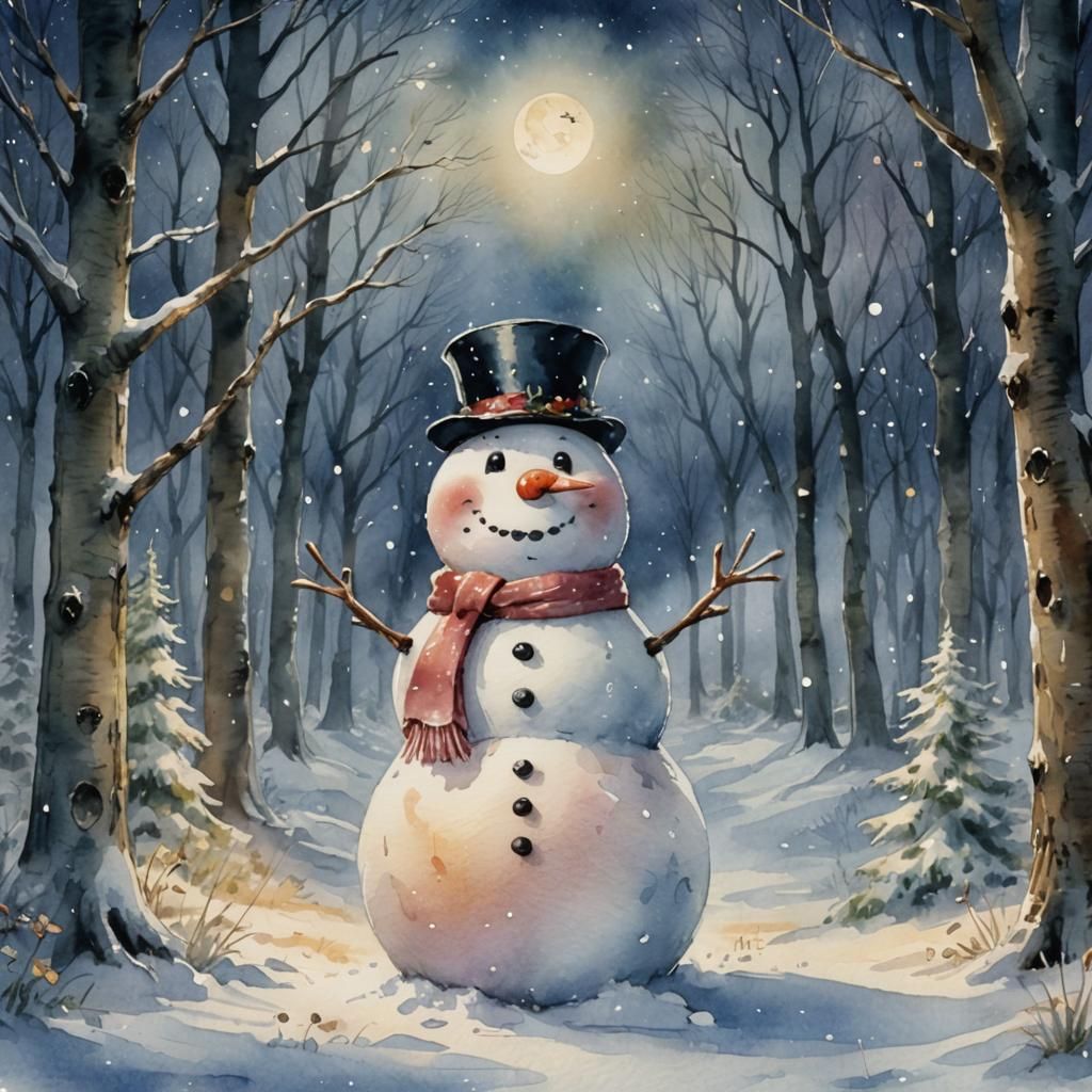 Smiling Snowman in Snowy Forest: Digital Watercolor