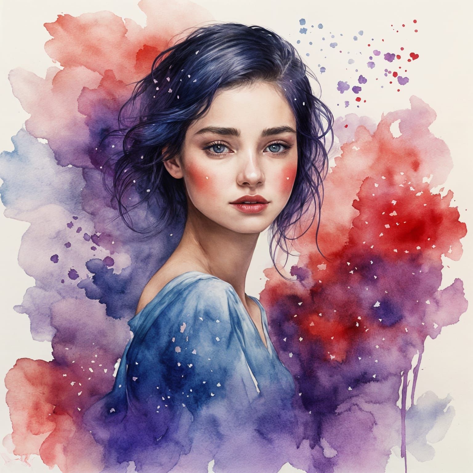 Beautiful Woman with Dark Hair in Watercolor Style