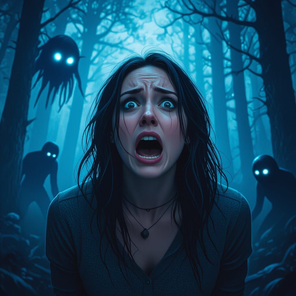 Terrified Woman in Dark Forest, Dark Fantasy Matte Painting