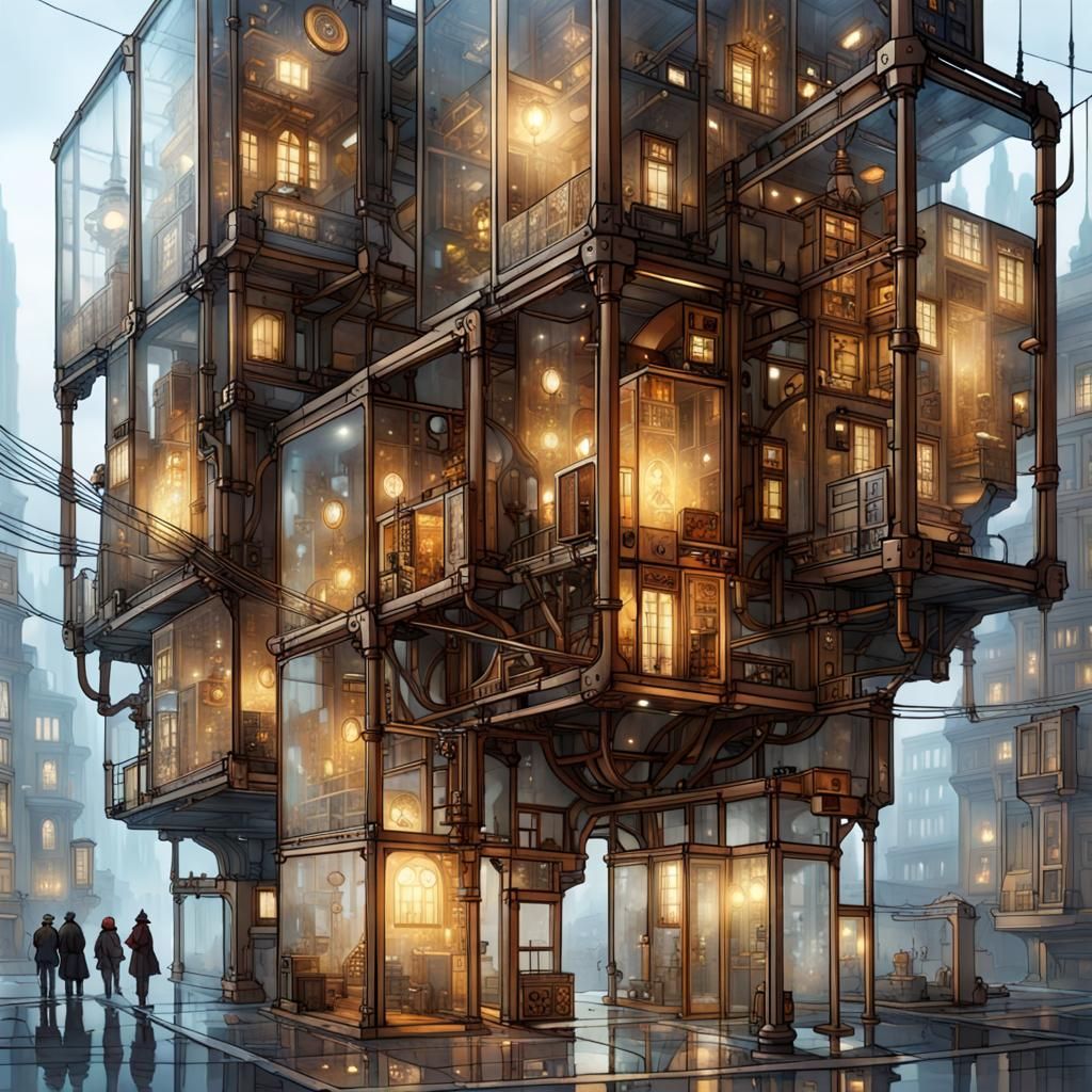 Futuristic Glass City in Cube, Mondrian Style